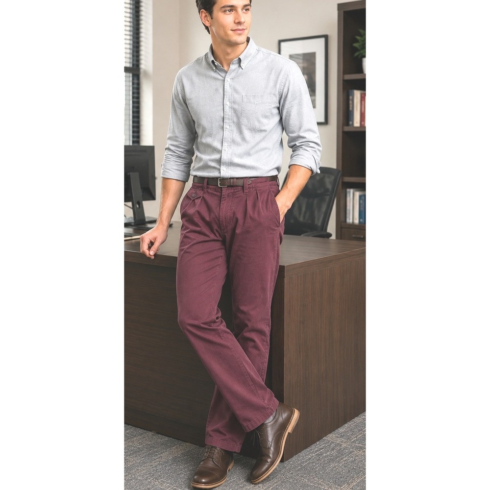 Urban Outfitters Mens Pleated Chinos Burgundy Straight Leg Trousers 30x32 Indie